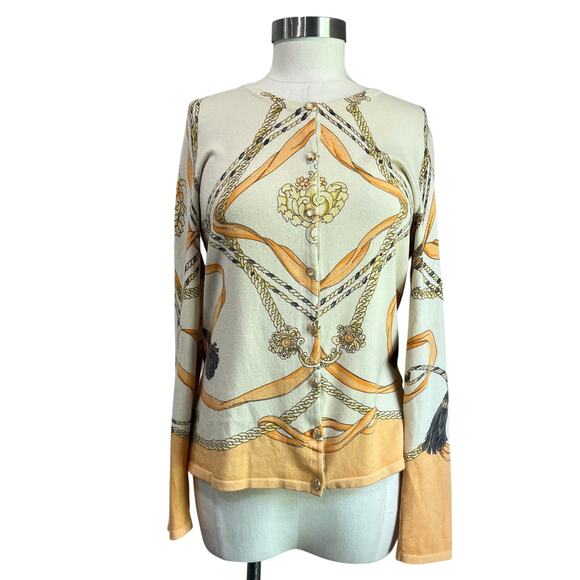 J. McLaughlin Ivory Peach Gray Ribbon Chain Print Preppy Old Money Cardigan Sz M - Picture 1 of 9